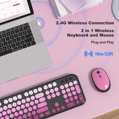 Miniatura 160 de KNOWSQT Combo de teclado y ratón inalámbrico, teclados lindos de tamaño completo estilo máquina de escribir 2.4G azul colorido - receptor USB Plug