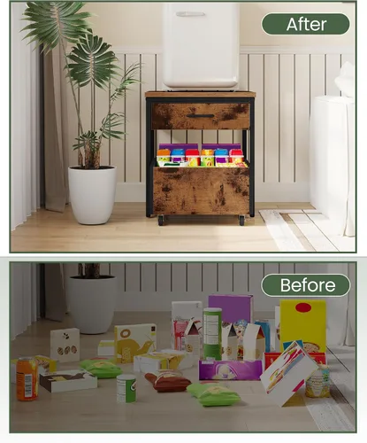 Miniatura 9 de CHOEZON Mesa auxiliar estrecha y mini soporte para refrigerador con almacenamiento, mesa auxiliar delgada con cesta de tela, mini gabinete de nevera