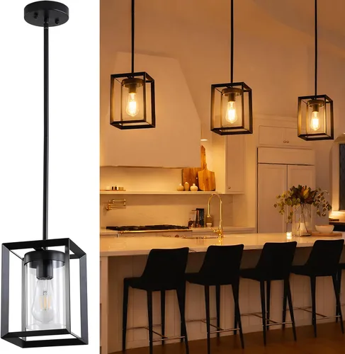 Paquete de 1 lámpara colgante de isla de cocina negra de granja, altura ajustable, barra de metal colgante moderna con jaula de metal, pantalla de