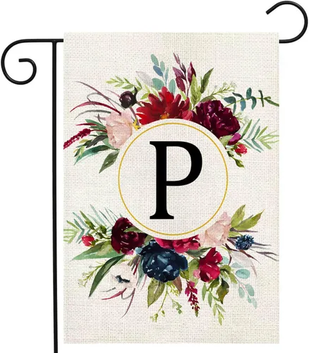 Banderas de jardín con monograma de letra P, bandera de jardín de verano de 12 x 18 pulgadas, banderas florales de doble cara para patio, bandera