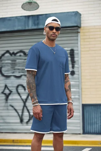 Miniatura 30 de COOFANDY Conjunto de camisa y pantalones cortos de gofre para hombre, conjunto de 2 piezas, conjunto casual de verano con bolsillos