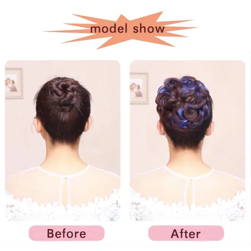 Miniatura 2 de Extensiones de cabello rizado, color marrón y rosa claro, extensiones de moño desordenado, 2 unidades por paquete, extensiones de moño elástico