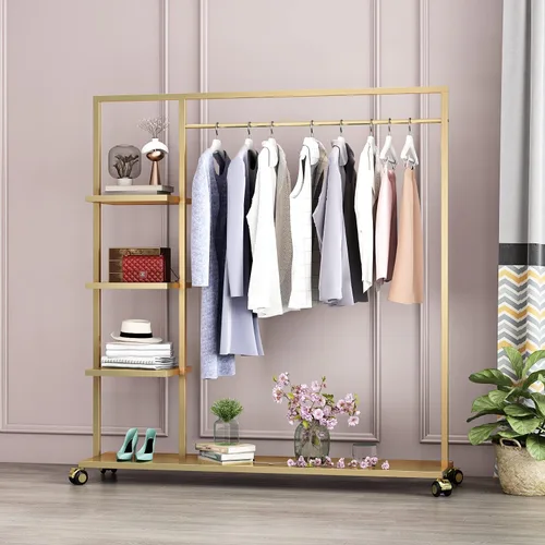 Miniatura 2 de Percheros dorados con estante, para boutiques minoristas, estantes de ropa dorados, múltiples usos, resistente para colgar barras para el hogar