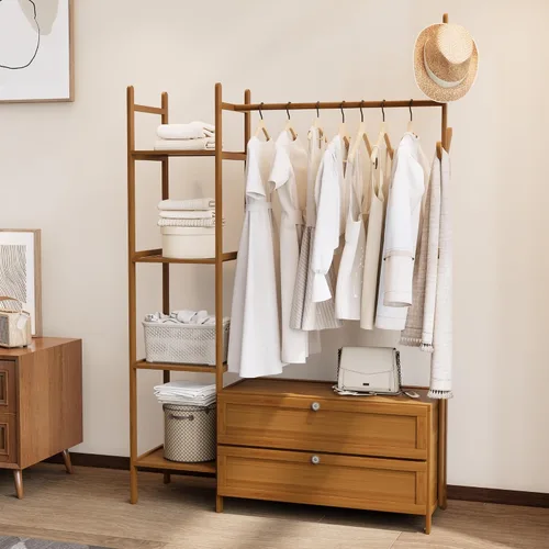 Miniatura 16 de Perchero de Ropa de Bambú, Perchero con Cajones y Estantes, Estantes de Almacenamiento de 5 Niveles con 6 Ganchos para Colgar, Armario Closet