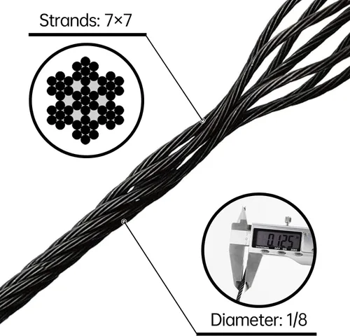 Miniatura 8 de Steel DN Mate Cuerda de alambre negro de 100 pies, cable de acero inoxidable de grado marino T316L de 1/8 pulgadas, 7 × 7 hebras para sistema