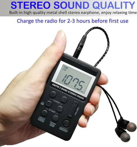 Miniatura 3 de Radio de bolsillo portátil AM/FM con pantalla LCD de sintonización digital, mini radio recargable SWDSTP con auriculares estéreo y clip de cinturón