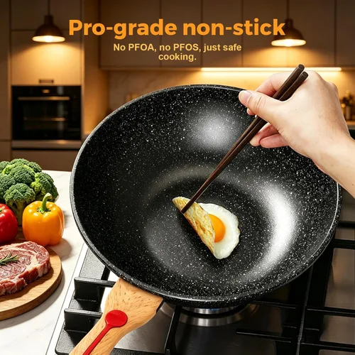 Miniatura 5 de ITSMILLERS Wok antiadherente de aluminio fundido a presión chino, resistente a los arañazos con tapa y espátula, sin PFOA, apto para lavavajillas