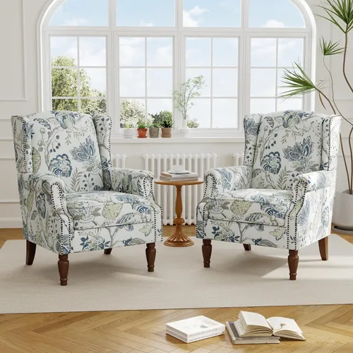 Miniatura 36 de Silla reclinable tapizada, sillón de ala floral con respaldo y reposapiés ajustables, cómoda silla decorativa para leer, sofá individual