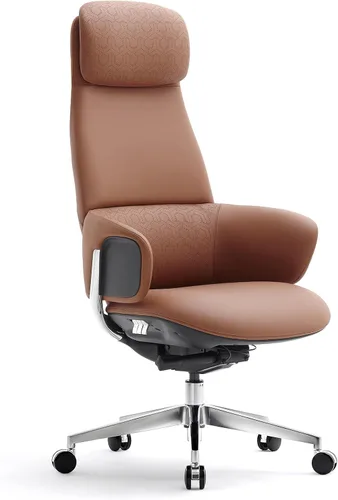 Miniatura 11 de Silla de oficina ejecutiva de cuero genuino con respaldo alto de aluminio con base giratoria ergonómica sincronizada, mecanismo reclinable de cuero