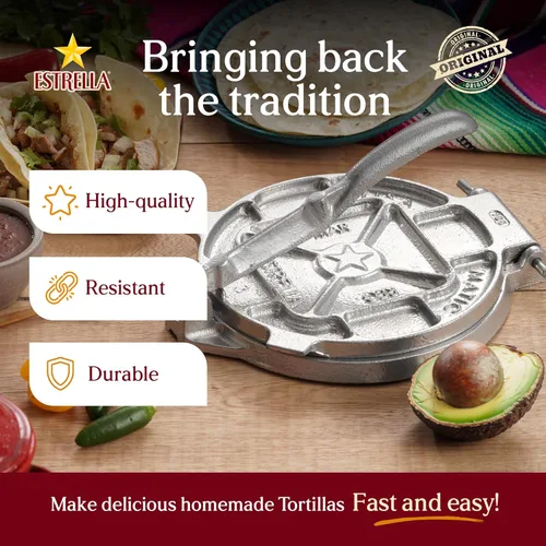 Miniatura 2 de Estrella - Prensa de tortillas de hierro fundido de 7.5 pulgadas – Tortilla resistente para tortillas de maíz y harina, Tostonera y Prensa