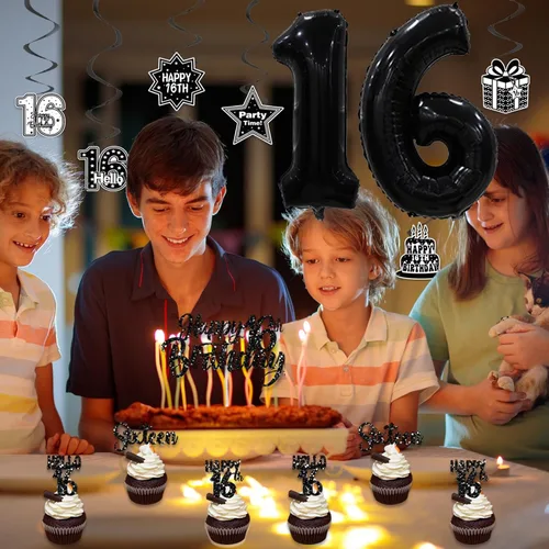 Miniatura 6 de Crenics Decoraciones negras de cumpleaños número 16 para niños y niñas, telón de fondo del año 2010, impresionante desde 2010, pompones de papel