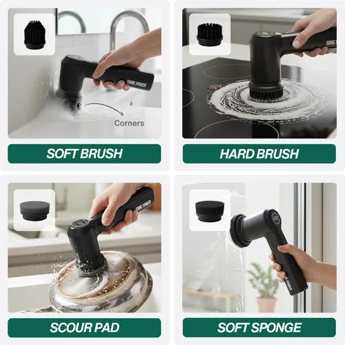 Miniatura 3 de SonicPower Limpiador eléctrico giratorio – De mano y ergonómico, IPX7 impermeable, 4 cabezales de cepillo multiusos, batería recargable de larga