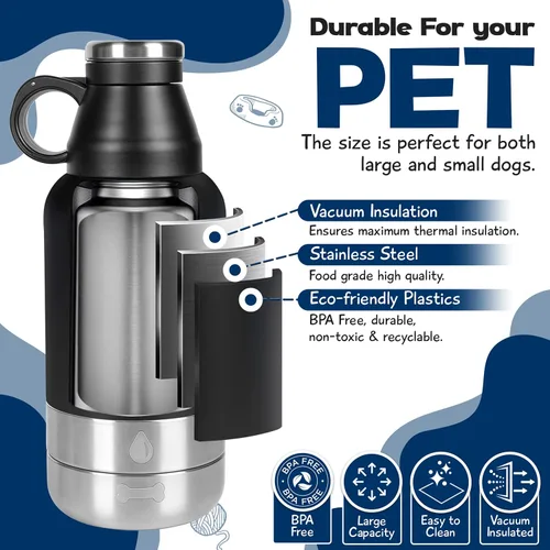 Miniatura 6 de Botella de agua portátil para perros con 2 cuencos de agua extraíbles para perros, botella de agua de acero inoxidable aislada a prueba de fugas