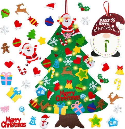 Miniatura 11 de EMPOF Árbol de Navidad de fieltro para niños pequeños - Juego de árbol de fieltro de bricolaje de 1 m con luces de copos de nieve + 32 adornos, Luz