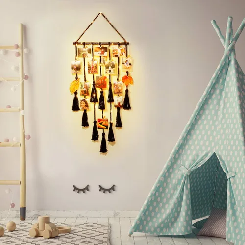 Miniatura 2 de Homecor Decoración de pared colgante de macramé negro, decoración bohemia para habitación, collage de marcos de fotos con luz remota, 30 clips