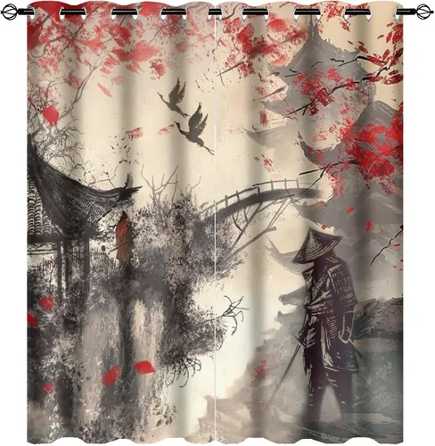 Miniatura 20 de Cortinas opacas abstractas japonesas samuráis para dormitorio, caballo samurái rústico, rojo, ojal, aislamiento térmico, cortinas de oscurecimiento