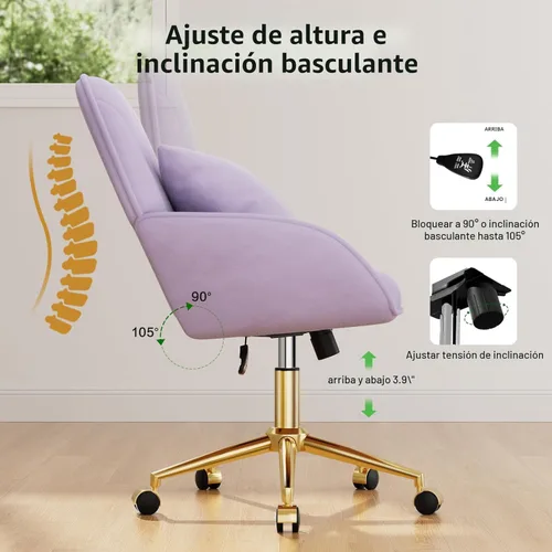 Miniatura 6 de Silla de escritorio para oficina en casa cómoda con ruedas giratorias ajustables, silla moderna de terciopelo para maquillaje con respaldo y Púrpura
