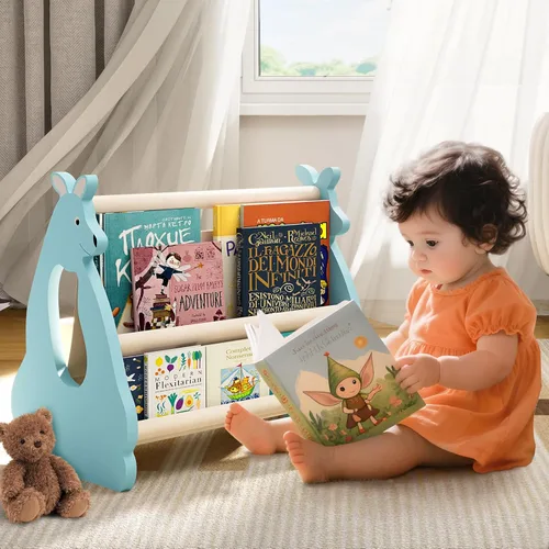 Estantería infantil de doble cara – Estantería portátil de 2 niveles para niños pequeños, estante para libros para habitaciones de niños y sala de