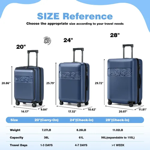Miniatura 2 de Krute Equipaje de mano con compartimento de bolsillo ABS PC Hard Shell Maletas con ruedas, Azul marino
