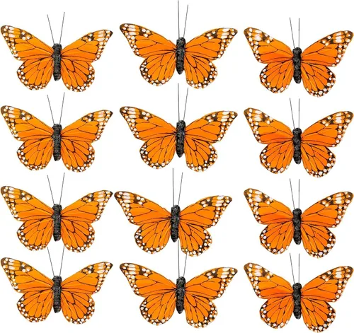 YCHTEWY - Decoración de mariposa monarca, juego de 12 decoraciones de mariposa de plumas con clip, 3.75", naranja..