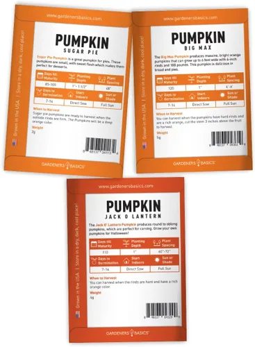 Miniatura 6 de Gardeners Basics, Semillas de calabaza para plantar – 5 variedades Baby Boo, Giant Big Max, Jack Be Little, Jack O Lantern, pastel de azúcar, ideal