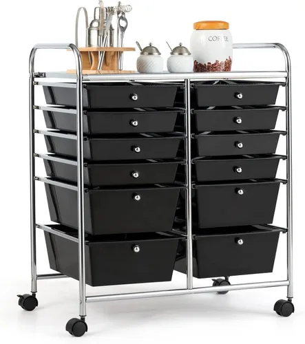 Miniatura 29 de COSTWAY Carrito de almacenamiento rodante con 4 cajones, carrito de almacenamiento de plástico y organizador con 4 cajones extraíbles, carrito