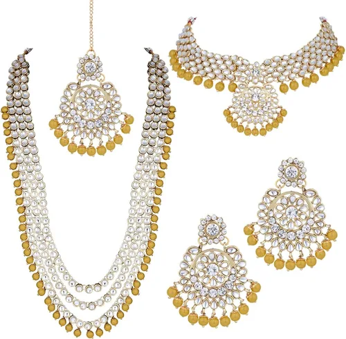 Aheli Indian Wedding Kundan Beaded Bridal Long Choker Necklace Earrings with Maang Tikka Traditional Jewellery Set for Women