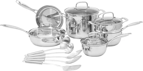 Amazon Basics Juego de utensilios de cocina de acero inoxidable de 15 piezas, apto para horno, ollas y sartenes, listos para inducción, calefacción