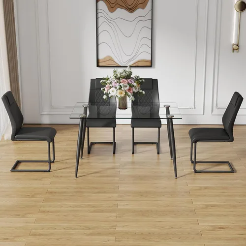 Miniatura 9 de Baysitone Mesa de comedor de cristal para 4 personas con tapa de vidrio rectangular transparente de 51 pulgadas, muebles de cocina de vidrio Negro