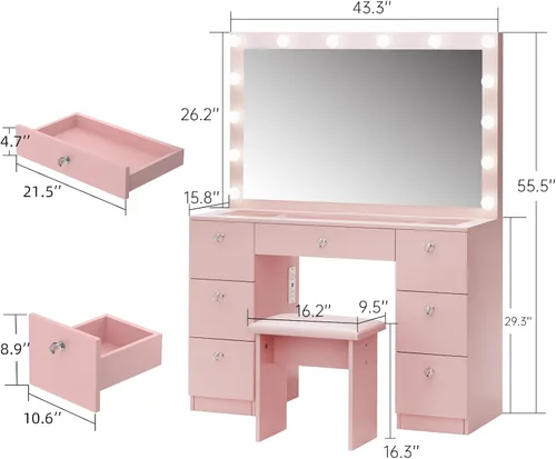 Miniatura 2 de VOWNER Tocador con espejo iluminado: escritorio de maquillaje con parte superior de vidrio con 7 cajones y toma de corriente, 3 modos de iluminación