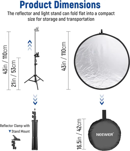 Miniatura 6 de NEEWER Kit de reflector de luz de 43"/110cm, reflector redondo plegable 5 en 1 (translúcido/plata/oro/blanco/negro), abrazadera de metal y soporte