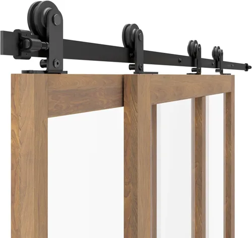 Miniatura 9 de CCJH Kit de herrajes para puerta corrediza de granero de 4 pies para 2 puertas, sistema de riel de un solo riel deslizante suavemente silencioso