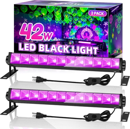 Paquete de 2 barras de luz negra LED de 42W, luz negra con cable de 6 pies + interruptor + enchufe, suministros de fiesta de luces negras que