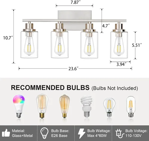 Miniatura 3 de 4 Luces Accesorios de Iluminación para Baño Níquel Cepillado Luz de Tocador Sobre Espejo Moderno Estilo Granja Apliques de Iluminación de Pared