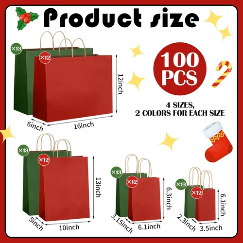 Miniatura 2 de Tenceur 100 bolsas de regalo de Navidad rojas y verdes, bolsas de papel kraft con asas, regalo de vacaciones para boda, baby shower, despedida