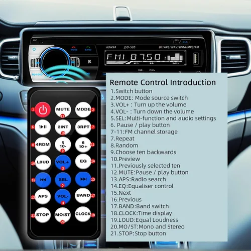 Miniatura 5 de JSD-520 Coche Estéreo Audio Solo DIN Bluetooth Manos Libres FM Radio Receptor USB Carga/MP3/AUX/TF, No Reproductor de CD