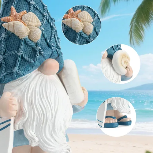Miniatura 3 de Etlemonde Estatuas de gnomos de playa, gnomos del océano, decoración de temas náuticos, playa, gnomo sosteniendo una tabla de surf