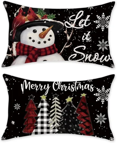 TAJWE Fundas de almohada navideñas de 12x20, juego de 2, deja caer la nieve, muñeco de nieve, árboles de Navidad, fundas de cojín lumbares negras