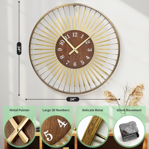 Miniatura 5 de Reloj de pared moderno de mediados de siglo de 24 pulgadas, diseño de metal de marco redondo con centro de madera de nogal, movimiento de cuarzo F