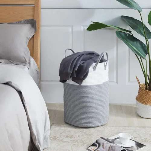 Miniatura 2 de Youdenova - Canasta para lavandería de cuerda tejida de algodón plegable de 58 litros; ideal como canasta de almacenamiento de ropa, mantas, Gris