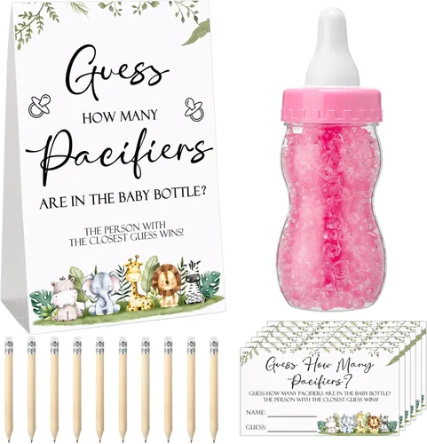 Miniatura 29 de Roowest 512 piezas de juegos de baby shower Adivina cuántos chupetes letrero, 100 pequeños juegos de adivinanzas, 10 lápices HB, botella de leche