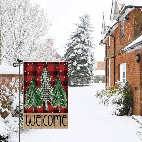 Miniatura 4 de Bandera de jardín de árboles de Navidad de búfalo rojo de bienvenida, 12 x 18 pulgadas, vertical, de doble cara, a cuadros, color rojo, decoración