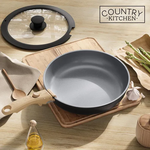 Miniatura 9 de Country Kitchen Juego de utensilios de cocina con mango extraíble, juego de ollas y sartenes aptas para horno y RV, mango de madera negro/gris