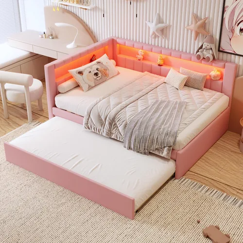 Miniatura 10 de Cama de plataforma tapizada de tamaño individual con puertos USB y luces LED, sofá cama con nido y cabecera en forma de L, cama esquinera suave