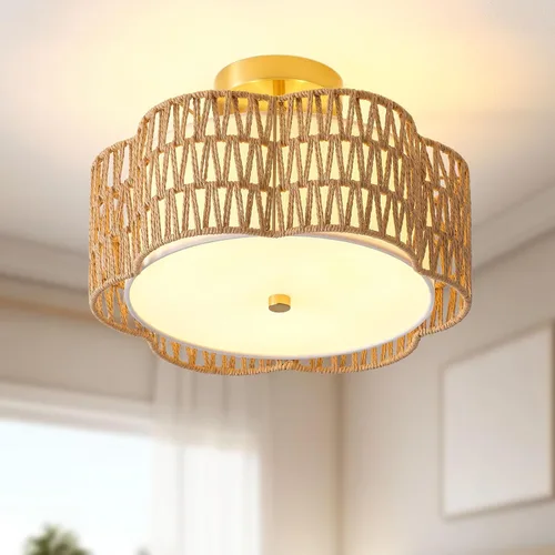 Miniatura 12 de Lámpara de Techo Empotrada de Ratán de 17.7", Luminaria de Techo Boho de 3 Luces Cerca del Techo, Lámpara de Techo de Ratán para Dormitorio, Amarillo