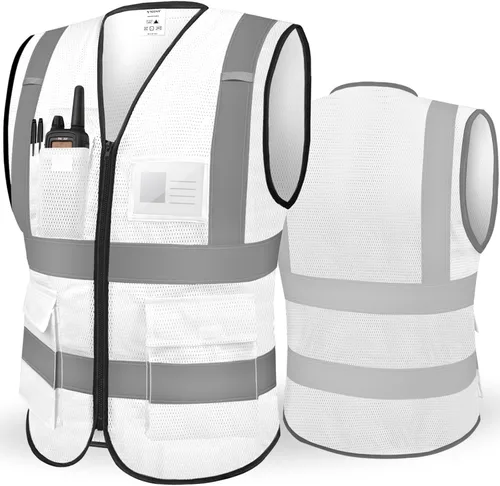 TICONN Chaleco de seguridad reflectante de alta visibilidad Clase II de malla para mujeres y hombres Cumple con los estándares ANSI Blanco
