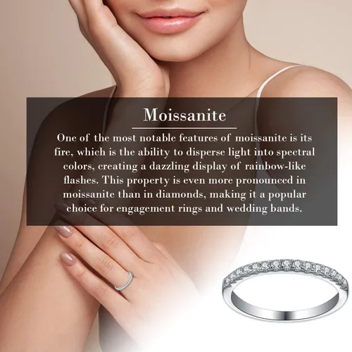 Miniatura 5 de Anillo redondo de moissanita con pavé de media eternidad para mujer, de 0.33 quilates, plata de ley 925, rodio