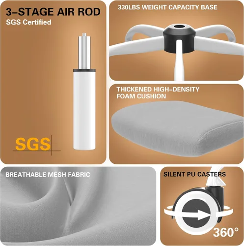 Miniatura 5 de Silla de oficina ergonómica, silla de escritorio con respaldo alto y soporte lumbar ajustable, respaldo de malla transpirable, capacidad de 330 Gris
