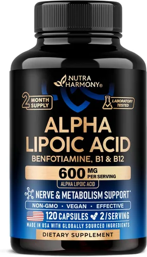Ácido Alfa Lipóico 600mg - Suplemento de ALA Antioxidante para el Apoyo a los Nervios, Energía y Metabolismo - Fuerza Extra con Benfotiamina, B1 y