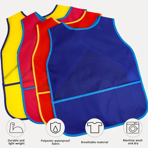 Miniatura 5 de 4 delantales de pintura para niños, delantales impermeables con 3 bolsillos, para niños de 3 a 8 años, 4 colores 4 colores (velcro)